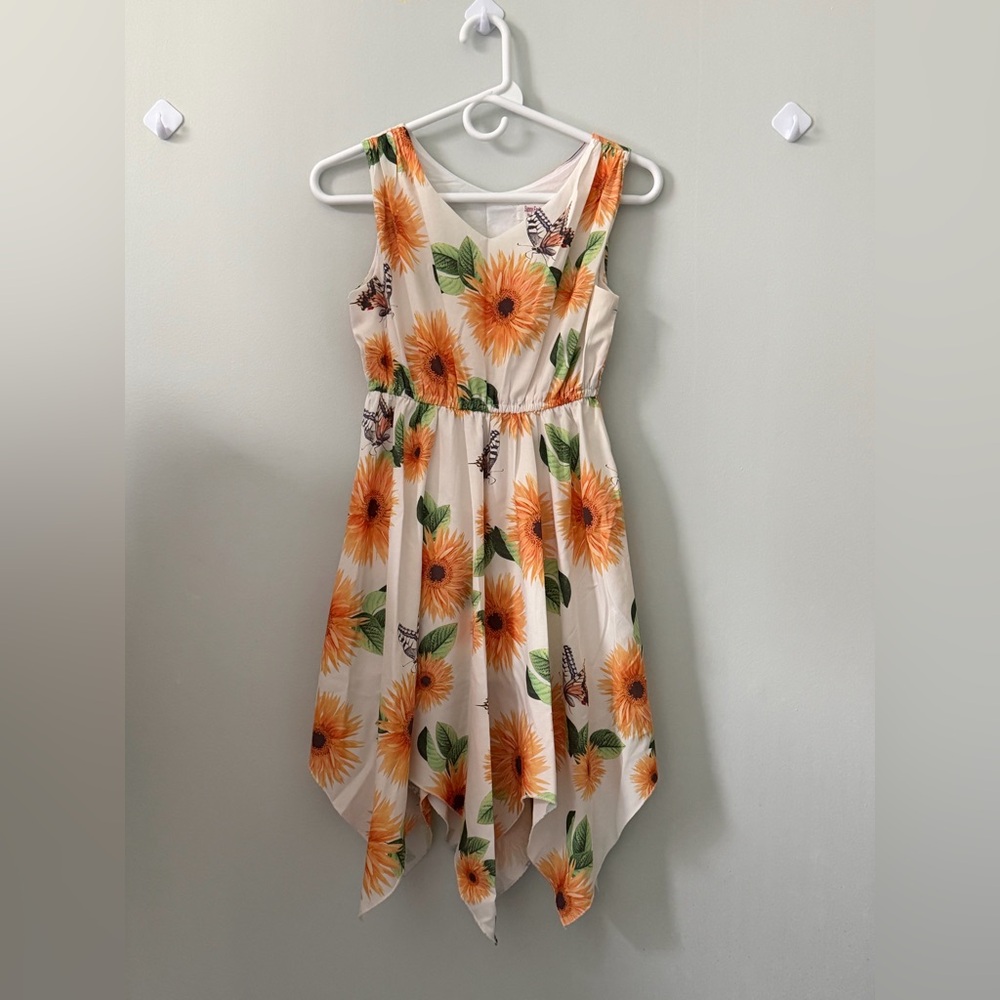 Sunflower Print Handkerchief Hem Dress for Girls - White & Orange